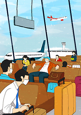 PSD 여자 남자 하늘색 의자 일러스트 비행기 마스크 들기 여러명 상반신 성인 책 스마트폰 캐리어 여행가방 기다림 공항 사회이슈 얼굴없음 공항라운지 성인만 코로나바이러스 델타변이바이러스 위드코로나 오미크론 국내일러스트 가구 다수 컨셉 가방 항공교통 교통시설 모션 대중교통 사람 파란색 핸드폰 스마트기기 라운지 바이러스 파일형식