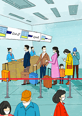 전신 PSD 여자 남자 어린이 하늘색 일러스트 서기 들기 소년 여러명 상반신 성인 스마트폰 캐리어 여행가방 대기 공항 사회이슈 직원 주머니손 줄서기 얼굴없음 체크인카운터 코로나바이러스 델타변이바이러스 위드코로나 오미크론 국내일러스트 다수 컨셉 가방 교통시설 모션 사람 파란색 핸드폰 스마트기기 바이러스 체크인 파일형식