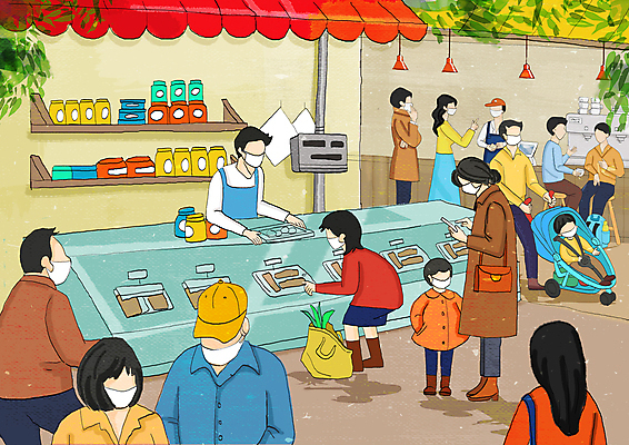 전신 PSD 여자 남자 어린이 음식 의자 일러스트 마스크 서기 들기 앉기 소년 여러명 상반신 성인 스마트폰 장보기 상점 시장 사회이슈 유모차 얼굴없음 코로나바이러스 델타변이바이러스 위드코로나 오미크론 국내일러스트 가구 다수 컨셉 모션 사람 핸드폰 스마트기기 아기용품 바이러스 파일형식