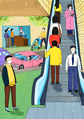 전신 PSD 여자 남자 도로 이동 일러스트 자동차 거리 마스크 서기 여러명 상반신 성인 아기 사회이슈 주머니손 에스컬레이터 유모차 얼굴없음 코로나바이러스 델타변이바이러스 위드코로나 오미크론 국내일러스트 길 육상교통 다수 컨셉 교통시설 모션 사람 아기용품 바이러스 파일형식