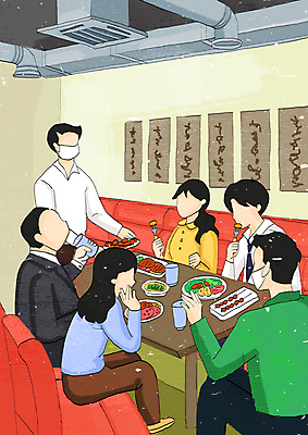 전신 PSD 여자 남자 음식 포크 의자 일러스트 마스크 서기 들기 앉기 여러명 상반신 성인 컵 식당 턱괴기 비즈니스맨 비즈니스우먼 먹기 사회이슈 회식 얼굴없음 성인만 코로나바이러스 델타변이바이러스 위드코로나 오미크론 국내일러스트 식기 가구 다수 컨셉 비즈니스 모션 사람 상점 식사 직장인 바이러스 파일형식