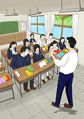 전신 PSD 학생 여자 남자 교복 의자 일러스트 창문 교실 청소년 수업 서기 여러명 상반신 성인 교사 커튼 사회이슈 책상 얼굴없음 코로나바이러스 델타변이바이러스 위드코로나 오미크론 대면 국내일러스트 직업 옷 교육 가구 다수 컨셉 학교 모션 사람 바이러스 파일형식