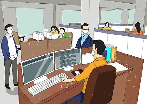 전신 PSD 여자 남자 의자 일러스트 마스크 서기 앉기 여러명 상반신 성인 사무실 모니터 전시 업무 비즈니스맨 비즈니스우먼 사회이슈 주머니손 얼굴없음 성인만 코로나바이러스 델타변이바이러스 위드코로나 오미크론 국내일러스트 가구 다수 컨셉 비즈니스 모션 사람 컴퓨터 작업 직장인 바이러스 파일형식