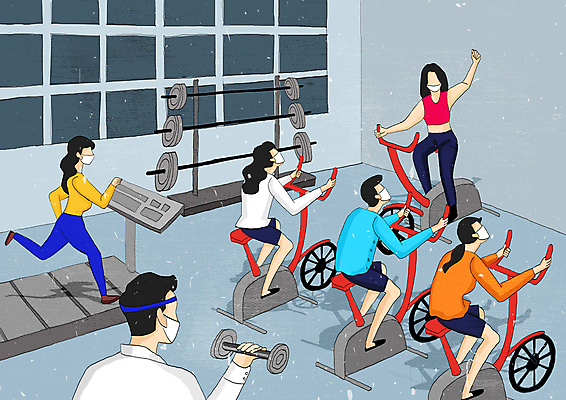 전신 PSD 여자 남자 하늘색 일러스트 마스크 들기 앉기 여러명 상반신 성인 달리기 손들기 운동기구 아령 헬스장 역기 사회이슈 런닝머신 얼굴없음 성인만 스피닝 코로나바이러스 델타변이바이러스 위드코로나 오미크론 국내일러스트 다수 컨셉 모션 사람 파란색 헬스 바이러스 파일형식