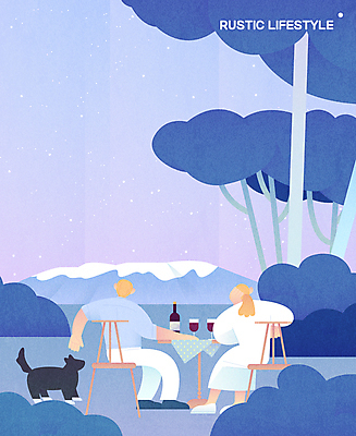 전신 나무 한마리 라이프스타일 여자 남자 여유 와인잔 의자 일러스트 탁자 밤하늘 산 앉기 성인 두명 일상 와인 보라색 시골 강아지 와인병 귀농 전원생활 초저녁 성인만 목가 국내일러스트 AI파일 식물 1 감정 컬러 가구 농업 술잔 모션 하늘 병_용기 주류 사람 라이프 생활 반려동물 개 야간 저녁 파일형식 벡터