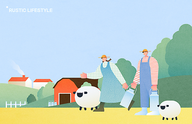 전신 라이프스타일 여자 남자 하늘색 두마리 일러스트 들기 성인 두명 건물 농장 걷기 산책 농촌 시골 양 축산업 귀농 전원생활 우유통 성인만 목가 국내일러스트 AI파일 건축물 산업 2 농업 포유류 모션 휴식 사람 생활 파란색 파일형식 벡터