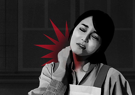 PSD 여자 일러스트 한명 상반신 성인 30대 눈감음 검은색 앞치마 고통 한국인 잡기 찡그림 주부 고무장갑 감싸기 목통증 성인여자한명만 국내일러스트 1 감정 컬러 장갑 모션 표정 사람 동양인 장년 고무 여자한명만 성인여자만 파일형식