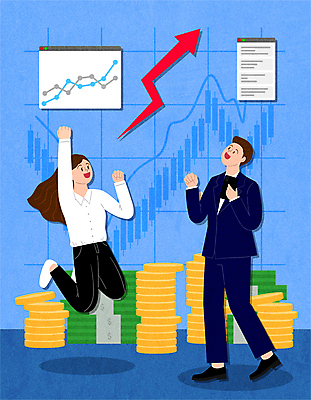 전신 여자 남자 화살표 지폐 일러스트 그래프 서기 들기 성인 두명 파란색 스마트폰 점프 동전 주먹 비즈니스맨 비즈니스우먼 돈다발 주식 재테크 상승 동전탑 주식표 성인만 국내일러스트 AI파일 컬러 컨셉 돈 비즈니스 모션 사람 금융 핸드폰 스마트기기 쌓기 직장인 파일형식 벡터