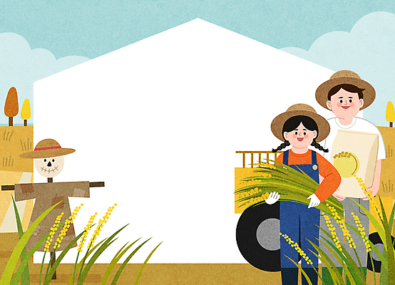 전신 나무 여자 남자 농업 일러스트 프레임 들기 상반신 성인 두명 벼 쌀 밀짚모자 허수아비 귀농 트랙터 전원생활 쌀포대 성인만 청년농부 국내일러스트 AI파일 식물 모자_잡화 산업 모션 곡류 사람 생활 농부 농기계 특수차량 파일형식 벡터