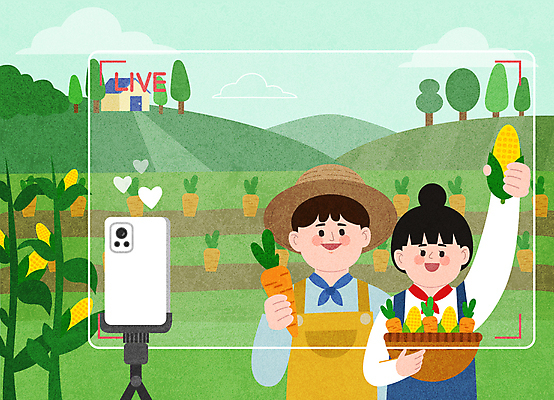 나무 구름 여자 남자 농업 일러스트 주택 옥수수 들기 상반신 성인 두명 연두색 스마트폰 바구니 당근 하트 밀짚모자 귀농 삼각대 전원생활 성인만 청년농부 숍스트리밍 영상촬영 라이브커머스 국내일러스트 AI파일 자연요소 모양 식물 모자_잡화 산업 모션 곡류 뿌리채소 사람 건물 생활 초록색 핸드폰 스마트기기 쇼핑 촬영 농부 모바일쇼핑 파일형식 벡터