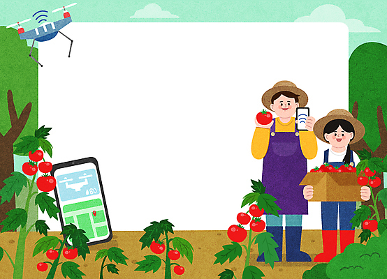 전신 나무 여자 남자 농업 토마토 일러스트 프레임 서기 들기 성인 두명 스마트폰 상자 밀짚모자 와이파이 귀농 전원생활 드론 성인만 스마트팜 청년농부 국내일러스트 AI파일 식물 모자_잡화 산업 채소 모션 사람 생활 핸드폰 스마트기기 농장 농부 무선인터넷 파일형식 벡터