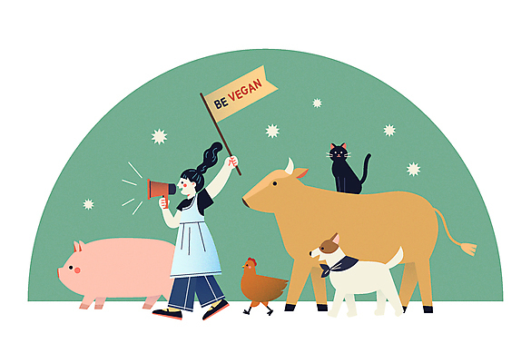 전신 여자 여러마리 일러스트 한명 들기 초록색 고양이 확성기 깃발 닭 돼지 소 개 강아지 채식 동물보호 시위 채식주의자 비건 국내일러스트 AI파일 1 컬러 다수 포유류 모션 조류 사람 반려동물 사회이슈 파일형식 벡터