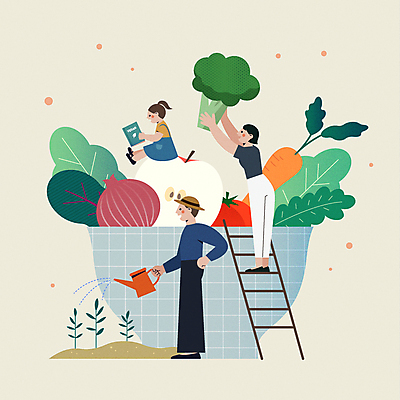 전신 그릇 여자 남자 어린이 허리손 토마토 일러스트 사다리 양파 서기 들기 앉기 소녀 성인 책 세명 새싹 당근 샐러드 물뿌리개 양상추 사과 브로콜리 물주기 채식 로메인 베이지색 채식주의자 치커리 비건 국내일러스트 AI파일 식물 식기 꽃 음식 컬러 포즈 채소 과일 모션 뿌리채소 사람 도구 파일형식 벡터