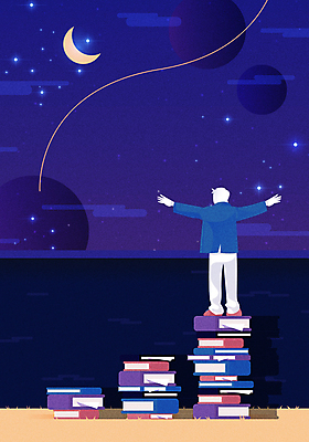 전신 응시 남자 일러스트 밤하늘 팔벌리기 한명 서기 성인 책 독서 쌓기 계단 야간 초승달 책더미 성인남자한명만 국내일러스트 AI파일 자연요소 1 시선 모션 하늘 사람 달 무더기 남자한명만 성인남자만 파일형식 벡터