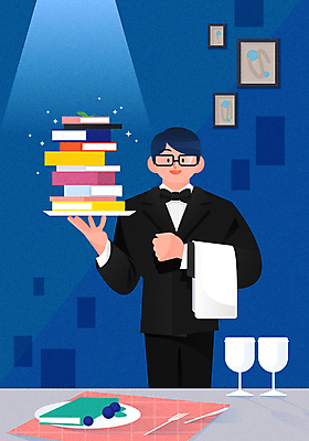 그릇 남자 액자 포크 와인잔 일러스트 한명 들기 정장 턱시도 상반신 성인 책 파란색 수건 독서 식당 나이프 웨이터 서빙 스포트라이트 책더미 성인남자한명만 안경낌 국내일러스트 AI파일 직업 1 식기 옷 안경 컬러 술잔 모션 사람 위생용품 상점 칼 무더기 남자한명만 성인남자만 파일형식 벡터