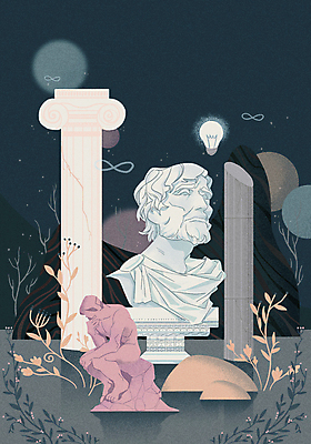 PSD 식물 잎 생각 일러스트 전구 추상 사람없음 책 독서 조각상 기둥 원형 남색 그리스 석고상 철학 철학자 인문학 국내일러스트 도형 직업 교육 건축 유럽 컬러 무늬 조형물 파일형식