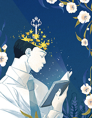 PSD 남자 꽃 별 줄기 잎 생각 일러스트 열쇠 한명 들기 상반신 성인 책 파란색 빛 독서 인문학 성인남자한명만 사고력 국내일러스트 자연요소 식물 1 교육 컬러 모션 사람 남자한명만 성인남자만 파일형식