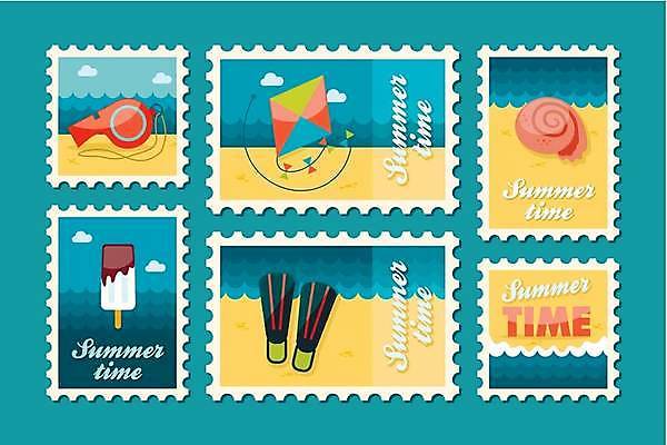 EPS 해외이미지 일러스트 조개 해변 사람없음 여름 파란색 세트 노란색 호루라기 오리발 연 우표 막대아이스크림 해외일러스트 계절 바다 컬러 어패류 아이스크림 놀이용품 파일형식 벡터 이미지허브