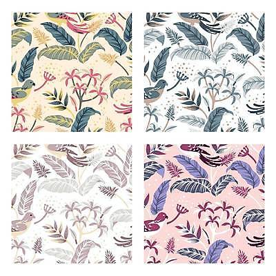 EPS 해외이미지 줄기 백그라운드 패턴 여러마리 일러스트 조류 사람없음 세트 패턴백그라운드 시원함 열대꽃 열대잎 보테니컬아트 해외일러스트 식물 동물 꽃 다수 잎 무늬 파일형식 벡터 이미지허브