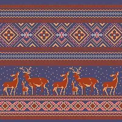 EPS 해외이미지 백그라운드 크리스마스 패턴 여러마리 일러스트 사슴 미술 사람없음 파란색 갈색 직물 뜨개질 자수 순록 스타일 해외일러스트 기념일 컬러 다수 무늬 포유류 문화예술 취미 파일형식 벡터 이미지허브