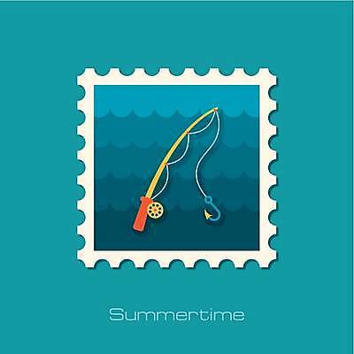 EPS 해외이미지 일러스트 사람없음 파란색 낚싯대 우표 해외일러스트 컬러 낚시용품 파일형식 벡터 이미지허브