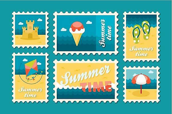 EPS 해외이미지 일러스트 해변 사람없음 파란색 세트 노란색 파라솔 쪼리 연 모래성 콘아이스크림 우표 해외일러스트 모래 바다 컬러 아이스크림 놀이용품 샌들 파일형식 벡터 이미지허브