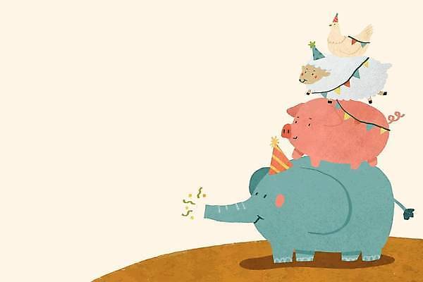 EPS 해외이미지 여러마리 일러스트 코끼리 폭죽 사람없음 축하 닭 양 돼지 가랜드 해외일러스트 다수 컨셉 포유류 조류 파티용품 파일형식 벡터 이미지허브