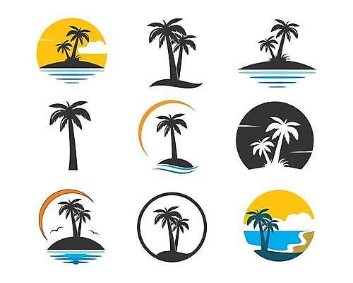 EPS 해외이미지 디자인 섬 일러스트 휴가 사람없음 야자수 라벨 검은색 심볼 해외일러스트 나무 컬러 프레임 파일형식 벡터 이미지허브