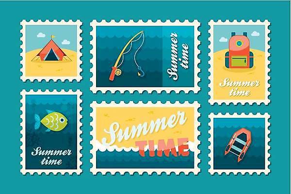 EPS 해외이미지 한마리 일러스트 배낭 텐트 어류 해변 사람없음 파란색 세트 노란색 캠핑 낚싯대 우표 구명보트 해외일러스트 1 바다 컬러 가방 레저 캠핑도구 수중동물 낚시용품 안전장비 파일형식 벡터 이미지허브