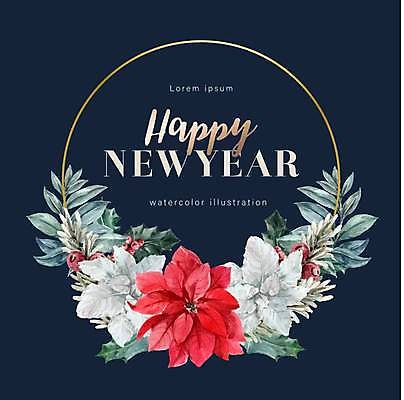 EPS 해외이미지 잎 일러스트 새해 프레임 타이포그라피 사람없음 검은색 원형 해피뉴이어 포인세티아 프레임일러스트 호랑가시나무열매 해외일러스트 도형 식물 문자 열매 꽃 컬러 새해인사 파일형식 벡터 이미지허브