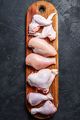 포토 JPG 해외이미지 검은배경 실내 사람없음 하이앵글 닭고기 신선 날것 일렬 닭다리 나무도마 닭가슴살 닭날개 해외포토 뷰포인트 백그라운드 도마 육류 내부 목재 검은색 파일형식 이미지허브