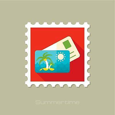 EPS 해외이미지 일러스트 사람없음 빨간색 파란색 야자수 태양 우표 해외일러스트 자연요소 나무 컬러 파일형식 벡터 이미지허브