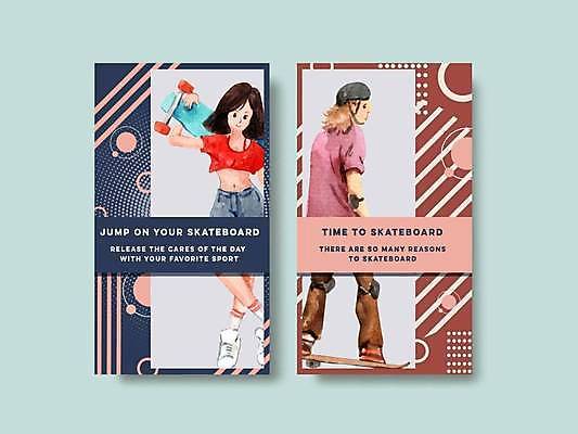 EPS 해외이미지 전신 여자 남자 포즈 일러스트 서기 들기 성인 두명 세트 스케이트보드 보호장비 보더 기하학 소셜네트워크 소셜미디어 성인만 해외일러스트 무늬 모션 사람 장비 보드_스포츠 파일형식 벡터 이미지허브