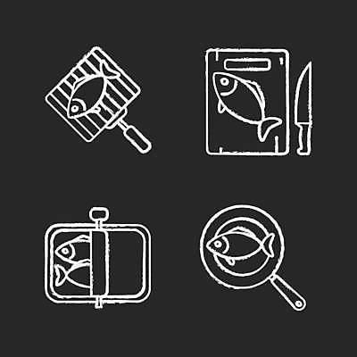 EPS 해외이미지 일러스트 도마 도마_주방용품 어류 사람없음 검은색 흰색 프라이팬 칼 그릴 생선요리 생선구이 식칼 해외일러스트 음식 컬러 주방용품 수중동물 구이 파일형식 벡터 이미지허브