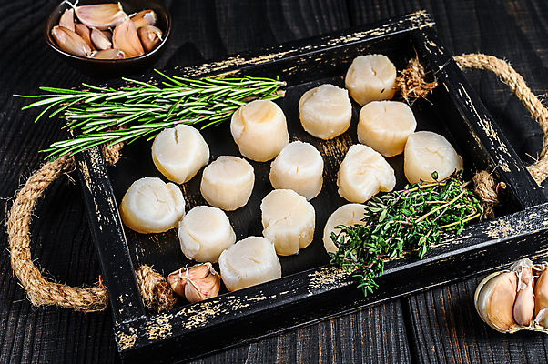 포토 JPG 해외이미지 접시 검은배경 실내 마늘 사람없음 해물요리 해산물 가리비 관자 나무쟁반 해외포토 식기 음식 백그라운드 채소 조개 쟁반 내부 목재 검은색 파일형식 이미지허브