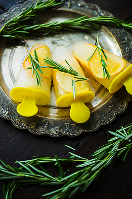 포토 JPG 해외이미지 접시 검은배경 아이스크림 실내 사람없음 세개 달콤 시원함 레몬 로즈메리 과일아이스크림 막대아이스크림 해외포토 식기 백그라운드 과일 디저트 3 내부 검은색 맛 허브 파일형식 이미지허브