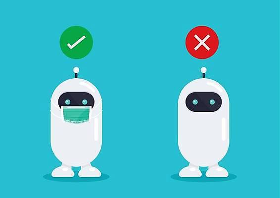 EPS 해외이미지 캐릭터 하늘색 일러스트 마스크 사람없음 X 로봇 체크표시 마스크착용 노마스크 해외일러스트 일러캐릭터 알파벳 파란색 사회이슈 확인 파일형식 벡터 이미지허브