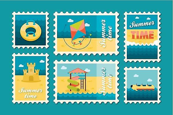 EPS 해외이미지 일러스트 해변 사람없음 파란색 세트 미끄럼틀 연 모래성 튜브 바나나보트 우표 워터슬라이드 해외일러스트 모래 바다 컬러 놀이용품 보트 놀이기구 파일형식 벡터 이미지허브