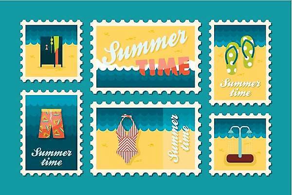 EPS 해외이미지 수영복 일러스트 해변 사람없음 파란색 세트 비키니 노란색 쪼리 샤워기 우표 해외일러스트 옷 바다 컬러 샌들 파일형식 벡터 이미지허브