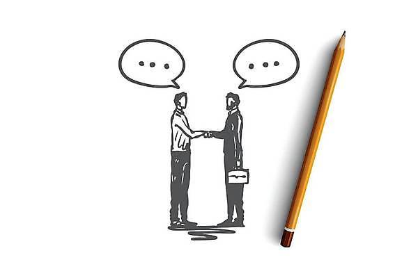 EPS 해외이미지 전신 남자 컨셉 말풍선 서류가방 일러스트 비즈니스 악수 서기 들기 사람 성인 두명 업무 비즈니스맨 스케치 계약 손그림 얼굴없음 성인남자만 해외일러스트 가방 모션 미술 손짓 작업 직장인 남자만 성인만 파일형식 벡터 이미지허브