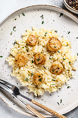 포토 JPG 해외이미지 접시 포크 실내 사람없음 해물요리 나이프 해산물 흰배경 가리비 관자 리조또 해외포토 식기 음식 백그라운드 조개 내부 흰색 칼 파일형식 이미지허브