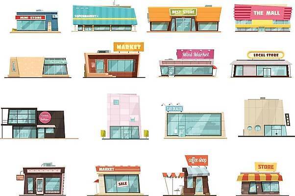 EPS 해외이미지 일러스트 사람없음 건물 세트 상점 쇼핑몰 마트 백화점 슈퍼마켓 스토어 해외일러스트 건축물 파일형식 벡터 이미지허브