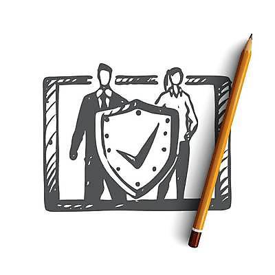 EPS 해외이미지 여자 남자 허리손 컨셉 인터넷 일러스트 비즈니스 들기 상반신 성인 두명 보호 스케치 체크표시 보안 손그림 방패 온라인 인터넷보안 얼굴없음 성인만 해외일러스트 포즈 모션 미술 안전 사람 확인 파일형식 벡터 이미지허브