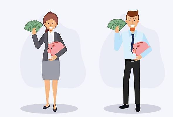 EPS 해외이미지 전신 여자 남자 지폐 일러스트 서기 웃음 들기 정장 성인 두명 돼지저금통 비즈니스맨 비즈니스우먼 자신감 비즈니스캐릭터 돈부리 성인만 해외일러스트 일러캐릭터 캐릭터 옷 감정 돈 비즈니스 모션 표정 사람 저금통 직장인 파일형식 벡터 이미지허브
