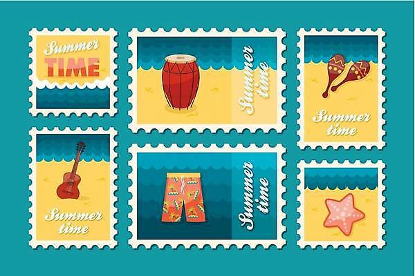 EPS 해외이미지 수영복 일러스트 불가사리 해변 사람없음 파란색 세트 노란색 기타 드럼 우표 마라카스 해외일러스트 옷 바다 컬러 현악기 타악기 극피동물 파일형식 벡터 이미지허브