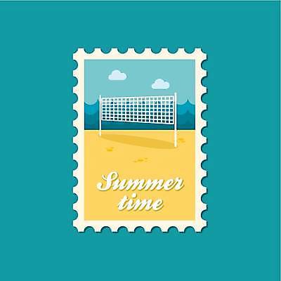 EPS 해외이미지 하늘색 일러스트 해변 사람없음 여름 노란색 네트 비치발리볼 우표 해외일러스트 계절 스포츠 바다 컬러 파란색 비치볼 배구 파일형식 벡터 이미지허브