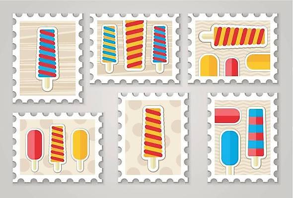 EPS 해외이미지 일러스트 아이스크림 사람없음 빨간색 파란색 세트 노란색 달콤 우표 베이지색 해외일러스트 컬러 디저트 맛 파일형식 벡터 이미지허브