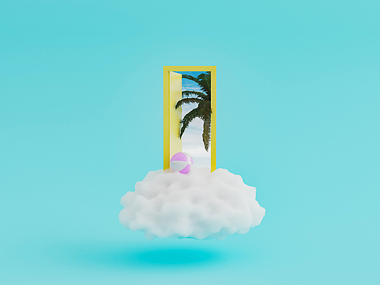 포토 JPG 해외이미지 하늘색 사람없음 3D 문 오픈 비치볼 야자수잎 해외포토 잎 공 바캉스용품 파란색 디지털합성 파일형식 이미지허브
