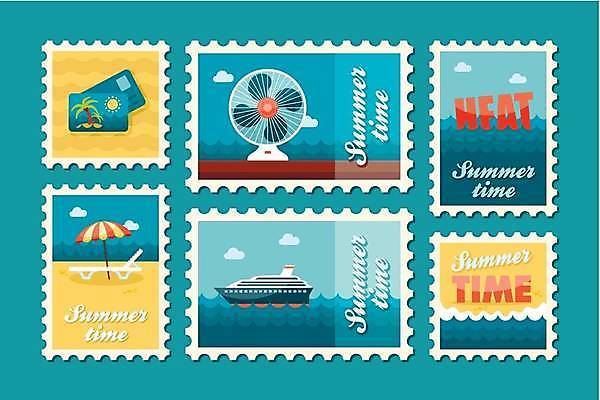 EPS 해외이미지 일러스트 해변 사람없음 여름 파란색 세트 노란색 파라솔 선풍기 크루즈 선베드 우표 해외일러스트 계절 바다 컬러 배_교통 의자 가전제품 파일형식 벡터 이미지허브