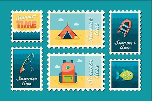 EPS 해외이미지 한마리 일러스트 배낭 텐트 어류 해변 사람없음 파란색 세트 노란색 낚싯대 우표 구명보트 해외일러스트 1 바다 컬러 가방 캠핑도구 수중동물 낚시용품 안전장비 파일형식 벡터 이미지허브